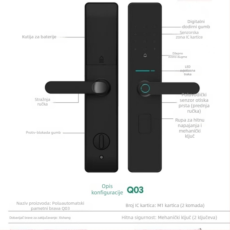 Q05 Pametna vrata brava — Otisak prsta, lozinka i ključ, 50 pohranjenih otisaka, skeniranje <0,01 s, DC napajanje