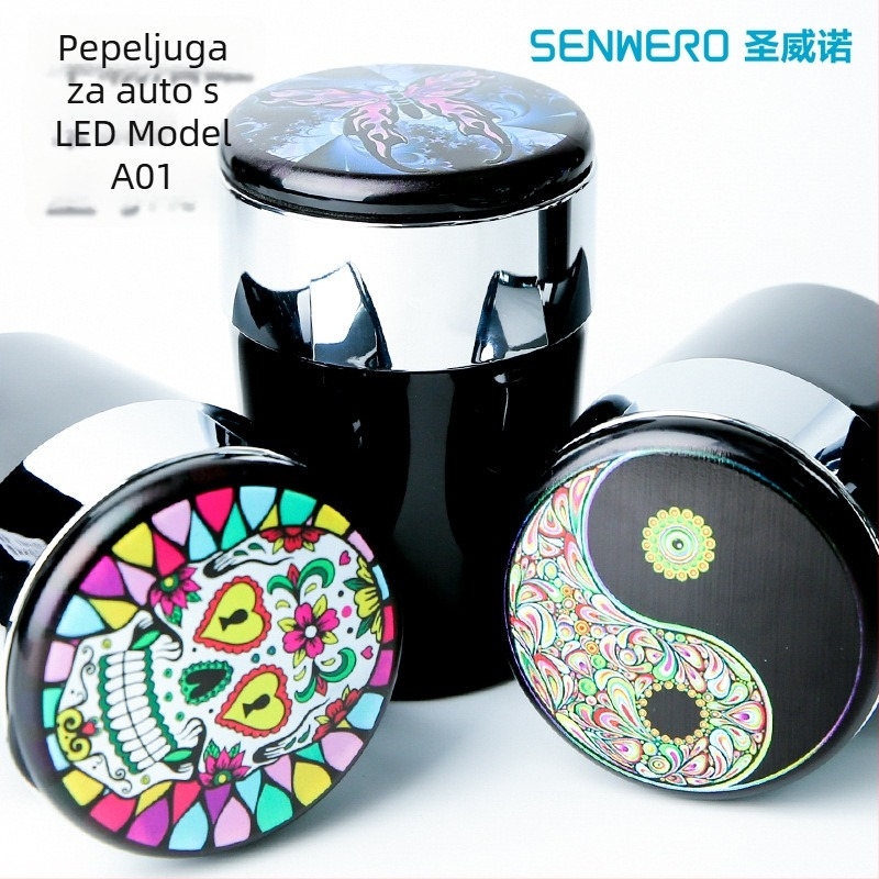 Pepeljara za automobil s LED osvjetljenjem, kružnog oblika, od plastike, injekcijskim procesom, model A01, težina 102 g, brend San Wino senwero (Model: A01; Materijal: Plastika; LED osvjetljenje; Težina: 102 g; Marka: San Wino senwero)