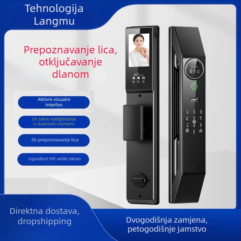 Pametna brava za vrata LM01 s 3D prepoznavanjem lica, otiska prsta i prepoznavanjem vena/palma, lozinka i daljinsko otključavanje; DC napajanje, do 100k otključavanja, skeniranje <0,1 s
