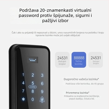 Pametni sigurnosni zaključavanje vrata s otiskom prsta i lozinkom – model JH01, pohrana 100 otisaka prsta, više od 100000 otključavanja, skeniranje ispod 0,01 s, lažno prepoznavanje <0,01