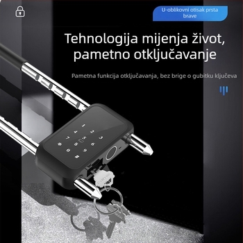 U-oblika zaključavanja s otiskom prsta za staklena vrata izloga — 100 pohranjenih otisaka, preko 20 000 otključavanja, skeniranje 0,002 s, napajanje baterijom, vodootporan.