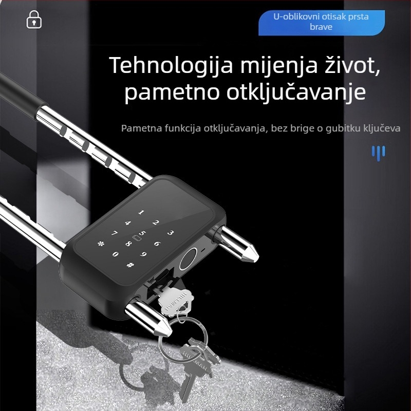 U-oblika zaključavanja s otiskom prsta za staklena vrata izloga — 100 pohranjenih otisaka, preko 20 000 otključavanja, skeniranje 0,002 s, napajanje baterijom, vodootporan.