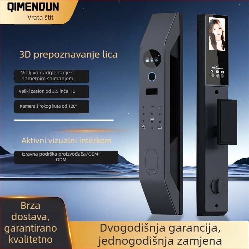 Qimen Shield King No.5 pametna brava s prepoznavanjem otiska prsta i lica, 80 pohranjenih otisaka, više od 100000 otključavanja, skeniranje <1s, lažno prepoznavanje <0.001%, lažno odbijanje <0.01%