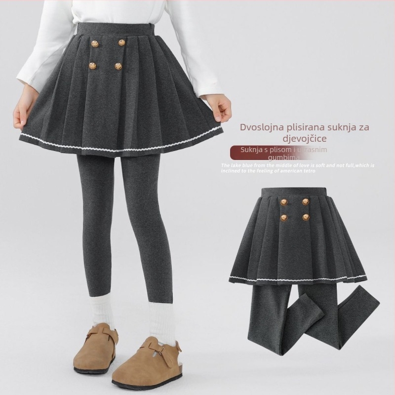 Dječji legging-suknja s flis podstavom i plisiranom suknjom, pamuk, elastični pojas, srednji rise, za djecu preko 8 godina (140 cm+), proljeće-jesen