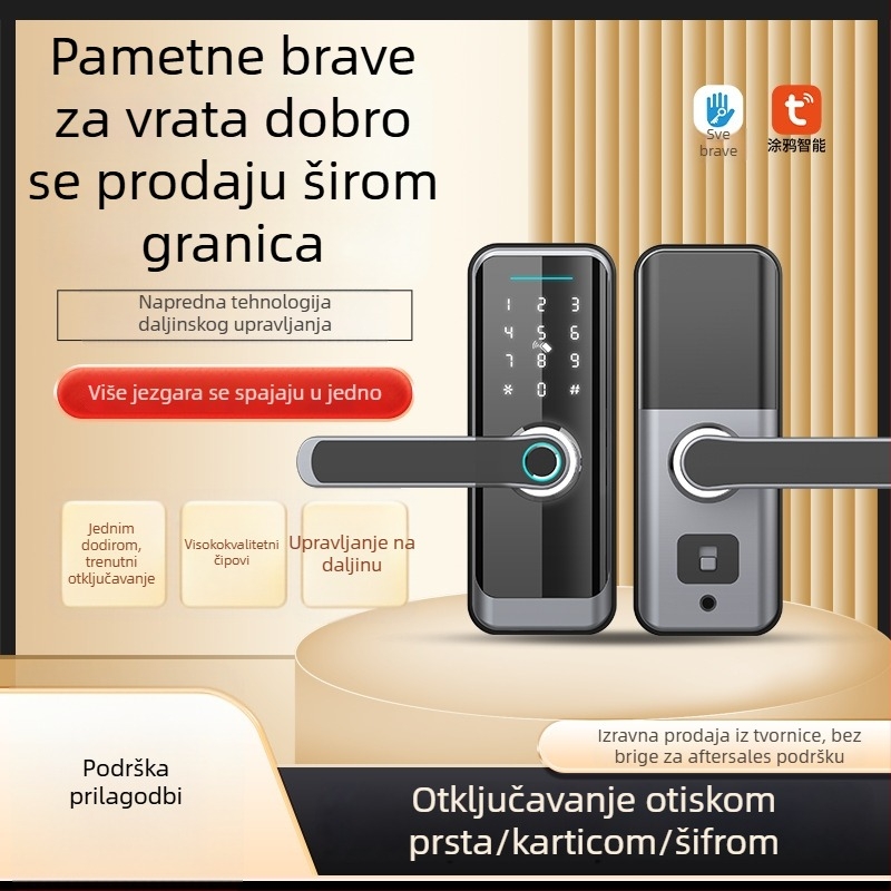Pametna brava za drvena vrata s otiskom prsta, čitačem kartica i lozinkom (pohranjivanje otisaka 1000; otključavanja >10000; vrijeme skeniranja <0,1 s; lažno prihvaćanje <0,1%; lažno odbacivanje <0,2%)