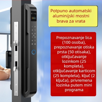 Brava za vrata s otiskom prsta i prepoznavanjem lica — uska aluminijska kućišta, napajanje baterijom, 50 otisaka pohranjeno, skeniranje <1 s, >500 000 otključavanja, -20 do 50°C, za vila vrata