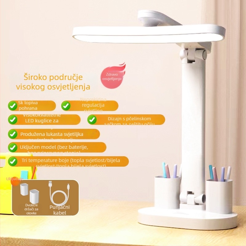 Stolna lampa za učenje s zaštitom očiju, punjiva LED, sklopiva, dodirni prekidač, moderni minimalistički stil, 6–10W, CRI ≥90