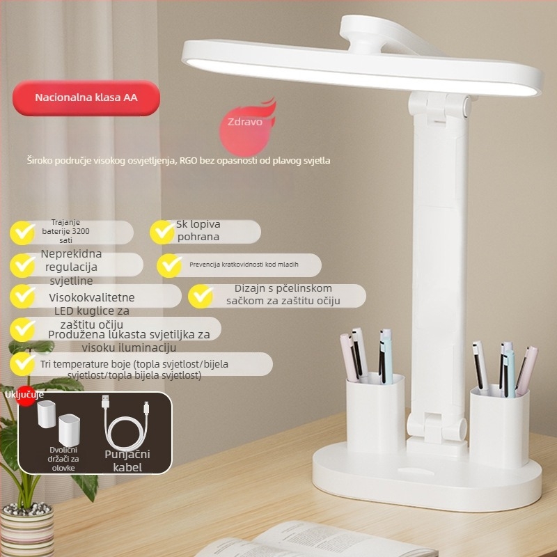 Stolna lampa za učenje s zaštitom očiju, punjiva LED, sklopiva, dodirni prekidač, moderni minimalistički stil, 6–10W, CRI ≥90