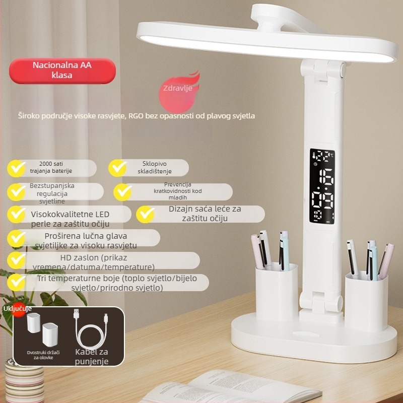 Stolna lampa za učenje s zaštitom očiju, punjiva LED, sklopiva, dodirni prekidač, moderni minimalistički stil, 6–10W, CRI ≥90