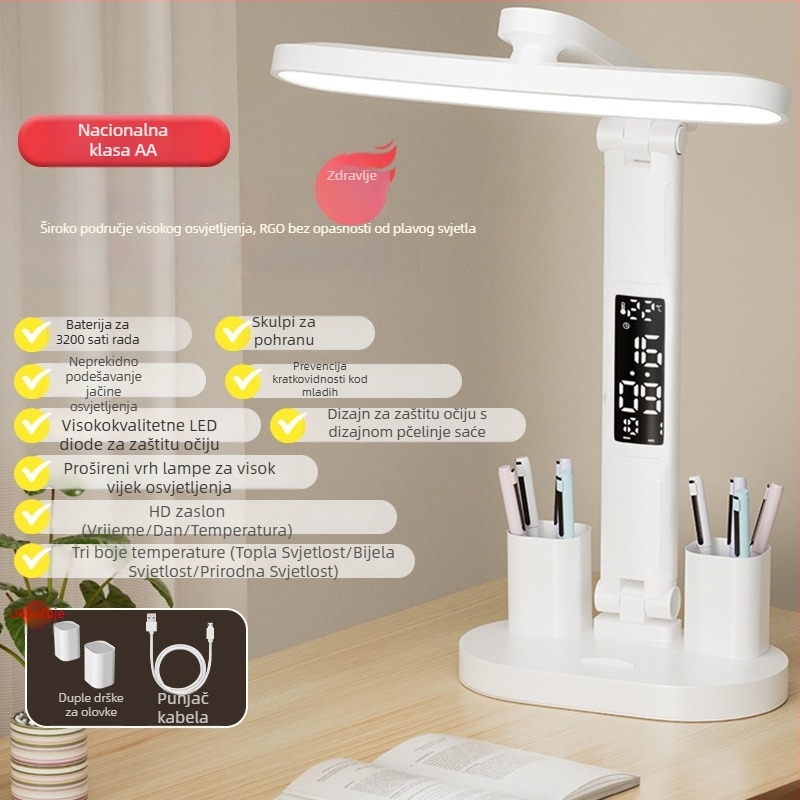 Stolna lampa za učenje s zaštitom očiju, punjiva LED, sklopiva, dodirni prekidač, moderni minimalistički stil, 6–10W, CRI ≥90