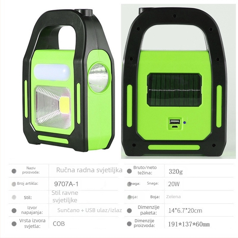 COB solarna punjiva LED radna svjetiljka s 360° rotacijom, ručna proizvodnja energije, USB punjenje, domet 200–500 m