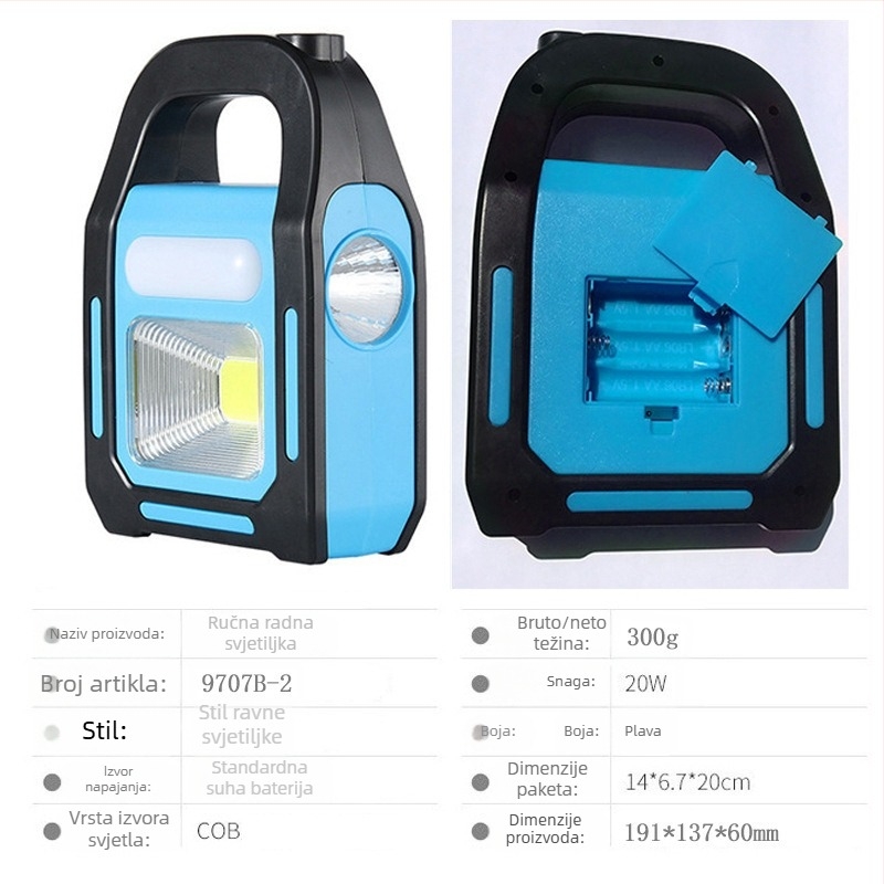 COB solarna punjiva LED radna svjetiljka s 360° rotacijom, ručna proizvodnja energije, USB punjenje, domet 200–500 m