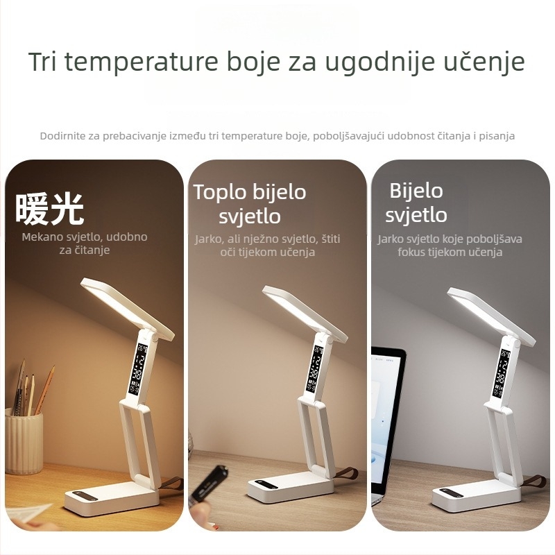 Sklopiva studentska stolna lampa za zaštitu očiju, USB napajanje, dodirni prekidač, plastično sjenilo, Aa razina osvjetljenja, CRI 80–89