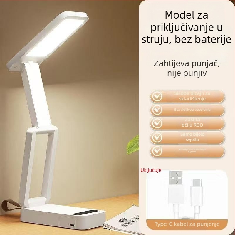 Sklopiva studentska stolna lampa za zaštitu očiju, USB napajanje, dodirni prekidač, plastično sjenilo, Aa razina osvjetljenja, CRI 80–89