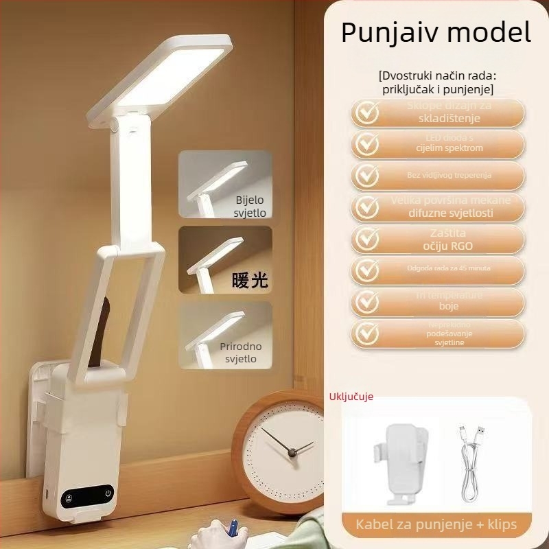 Sklopiva studentska stolna lampa za zaštitu očiju, USB napajanje, dodirni prekidač, plastično sjenilo, Aa razina osvjetljenja, CRI 80–89