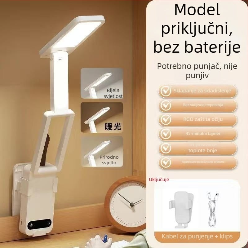Sklopiva studentska stolna lampa za zaštitu očiju, USB napajanje, dodirni prekidač, plastično sjenilo, Aa razina osvjetljenja, CRI 80–89