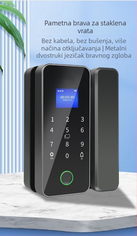 Pametna brava s otiskom prsta za staklena vrata – bez okvira, bez bušenja, upravljanje putem aplikacije, uredska brava s lozinkom, model AL01