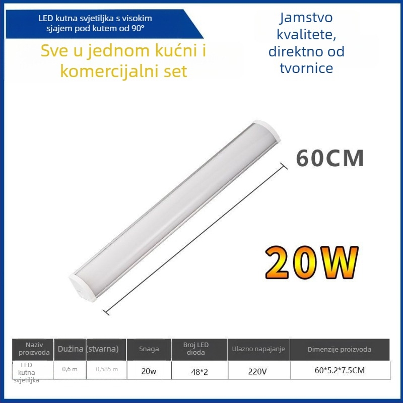 LED kutno zidno svjetlo s skrivenom LED trakom, dugi kutni svjetlosni element, T8 dnevna cijev sa nosačem, 40–50W, IP55, CRI 90–100, aluminijska legura, FCC
