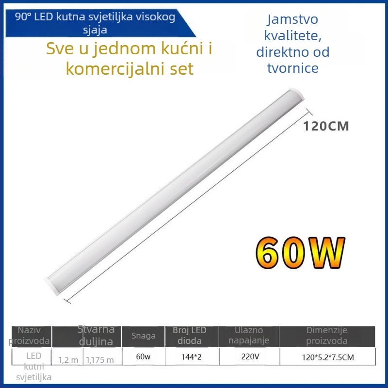 LED kutno zidno svjetlo s skrivenom LED trakom, dugi kutni svjetlosni element, T8 dnevna cijev sa nosačem, 40–50W, IP55, CRI 90–100, aluminijska legura, FCC