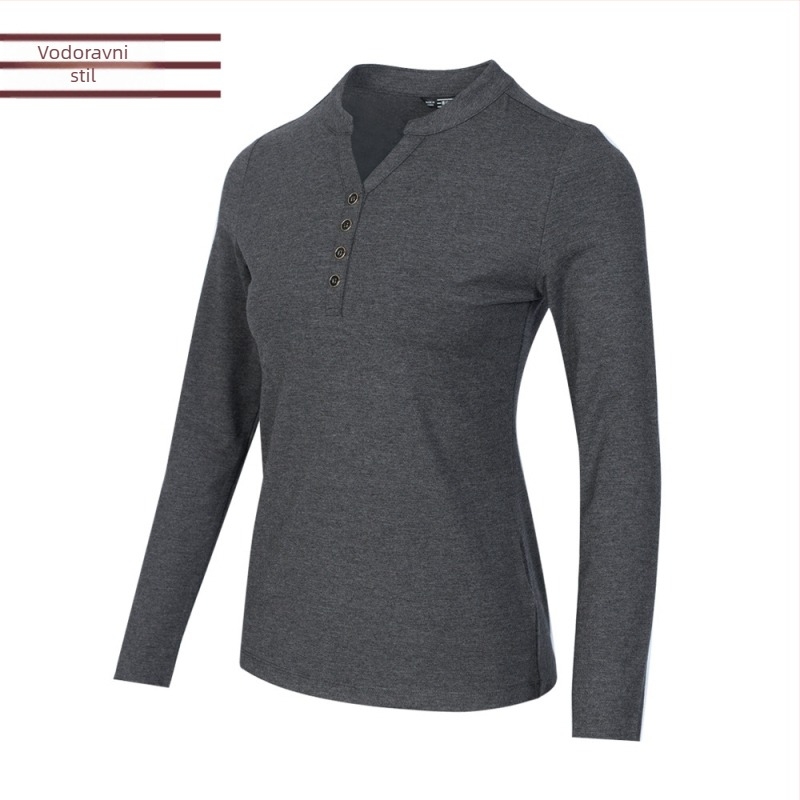Ženska pamučna majica s dugačkim rukavima i stojećim ovratnikom, Slim fit, regularna duljina
