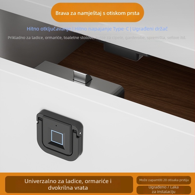 Biometrijski zaključavanje namještaja s otiskom prsta — za ladice, ormariće i garderobu; 20 otisaka pohranjeno, skeniranje ispod 0,5 s, više od 100000 ciklusa