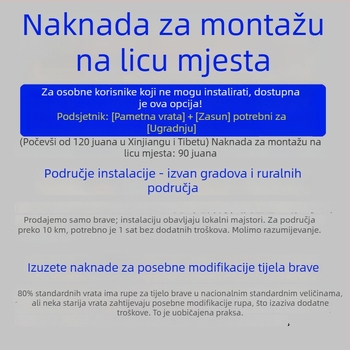 Pametna brava za ulazna vrata uz uslugu instalacije — prepoznavanje otisaka prsta, lozinka, kartica, dlan i prepoznavanje lica; 100 pohranjenih otisaka; do 100 000 otključavanja; skeniranje u 0,5 s; vodootporna; napajanje DC; za ulazna vrata.