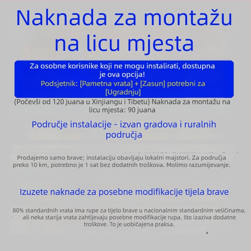 Pametna brava za ulazna vrata uz uslugu instalacije — prepoznavanje otisaka prsta, lozinka, kartica, dlan i prepoznavanje lica; 100 pohranjenih otisaka; do 100 000 otključavanja; skeniranje u 0,5 s; vodootporna; napajanje DC; za ulazna vrata.
