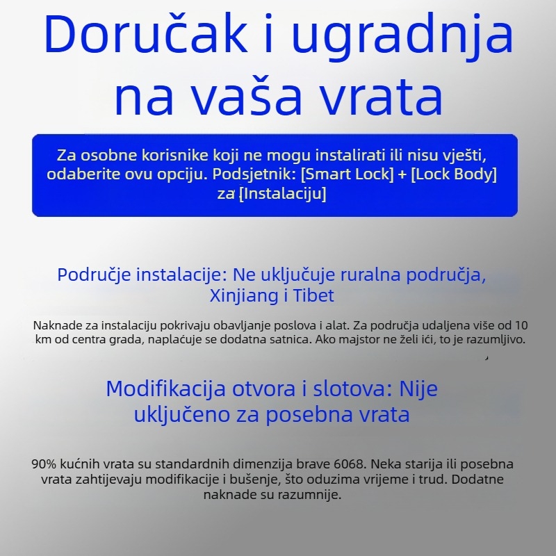 Pametna brava za ulazna vrata uz uslugu instalacije — prepoznavanje otisaka prsta, lozinka, kartica, dlan i prepoznavanje lica; 100 pohranjenih otisaka; do 100 000 otključavanja; skeniranje u 0,5 s; vodootporna; napajanje DC; za ulazna vrata.