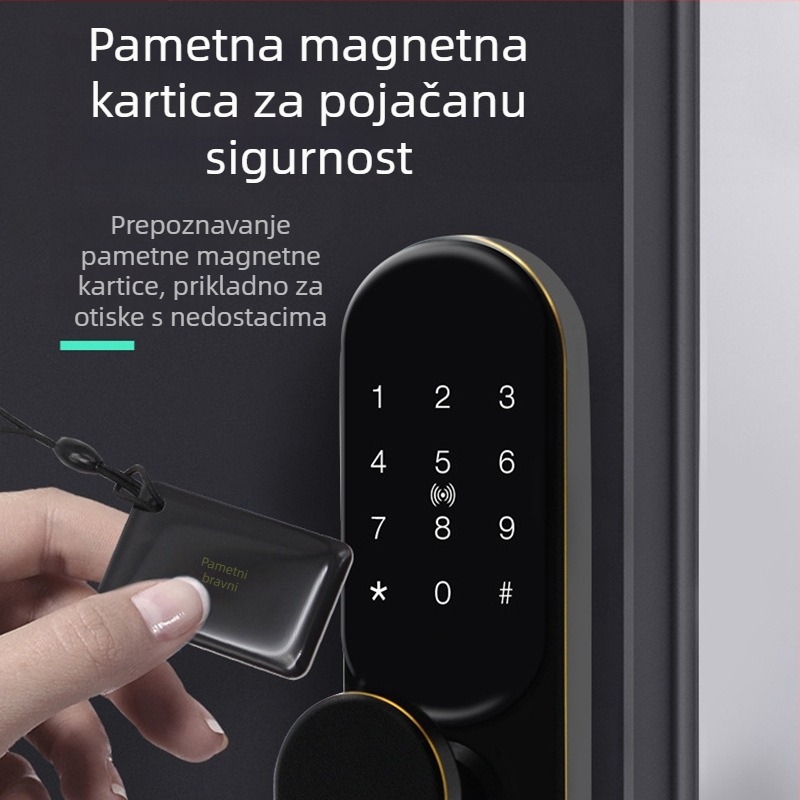 Pametni sigurnosni zaključavanje vrata s otiskom prsta, lozinkom, karticom i ključem; za drvena, metalna i protivkrađna vrata; napajanje DC; moderan minimalistički dizajn