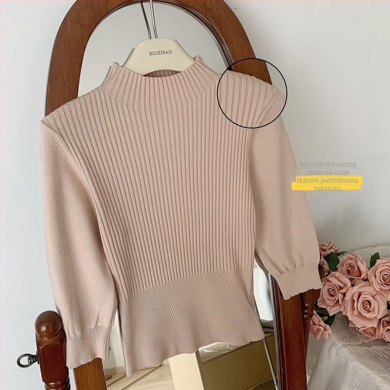 Pleteni pulover od akrilne vlakne, uski kroj, polu-visoki ovratnik, dugi rukavi