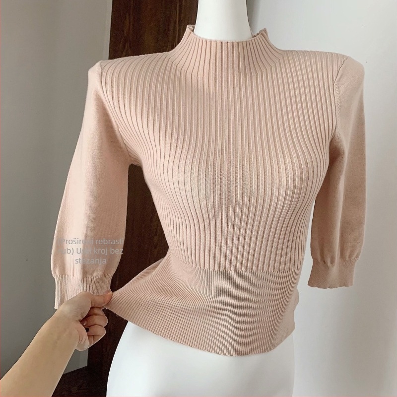 Pleteni pulover od akrilne vlakne, uski kroj, polu-visoki ovratnik, dugi rukavi