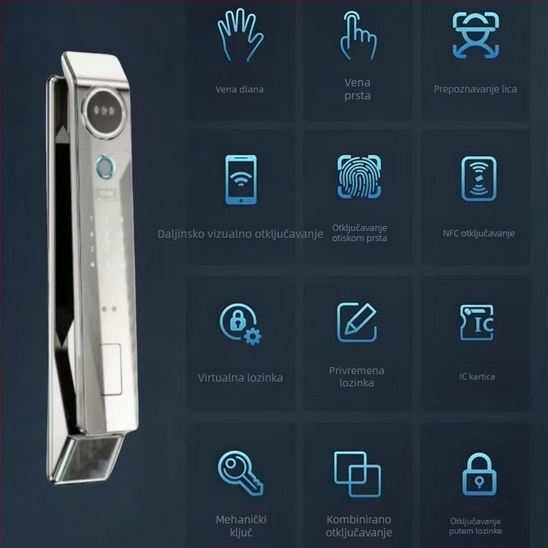 Pametna brava za ulazna vrata, model H3, pohrana otisaka prstiju 50, skeniranje <1s, >5000 otključavanja, -20 do 50°C, prepoznavanje lica