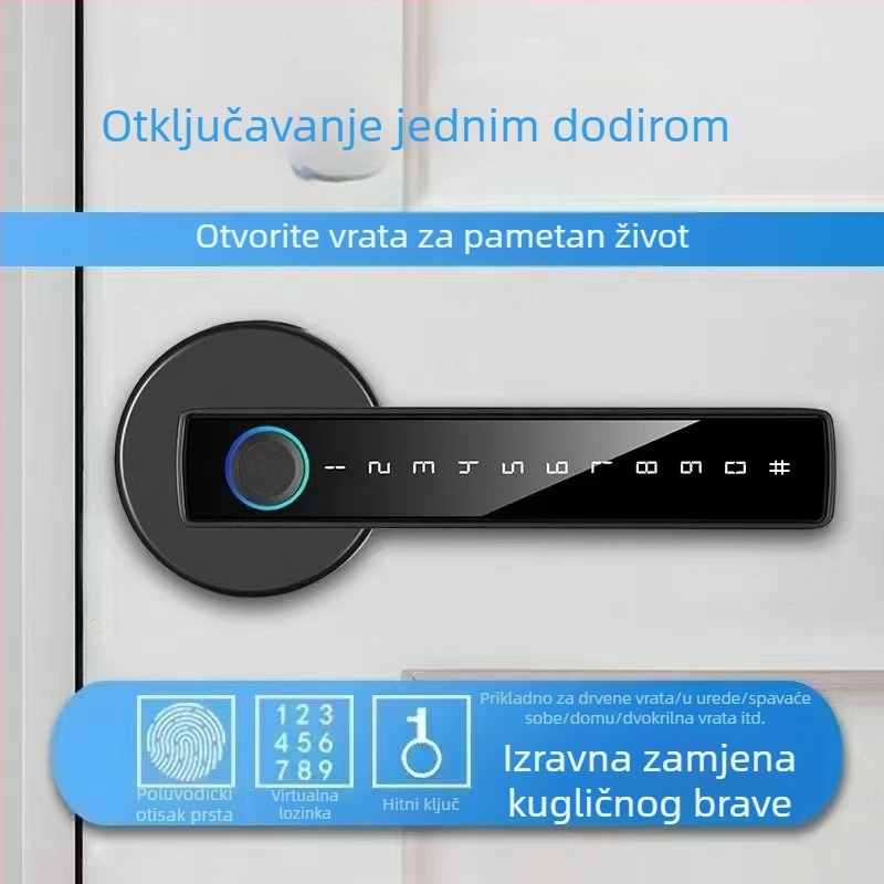 D1 pametna brava za vrata — 50 otisaka, skeniranje <0,25 s, >3.000.000 otključavanja, DC napajanje, radna temperatura -20 do 60°C, vlažnost 10–90%