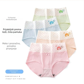 Djevojačko pamuk donje rublje, srednji pojas, prozračan i antibakterijski, ravno tkanje; glavni materijal 95–100% pamuk; podstava prepona 100% pamuk