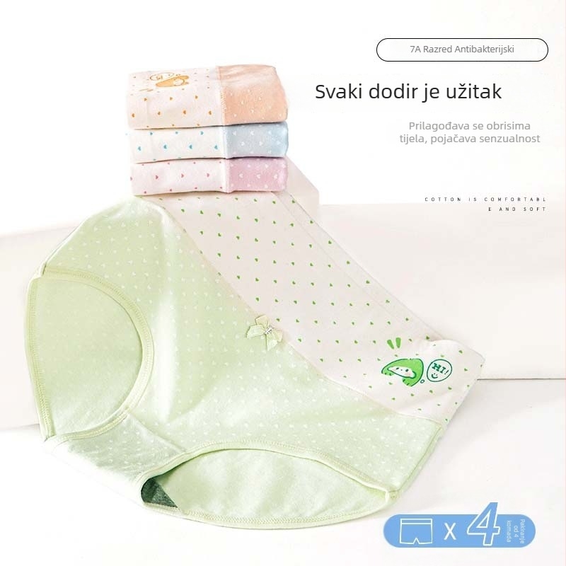 Djevojačko pamuk donje rublje, srednji pojas, prozračan i antibakterijski, ravno tkanje; glavni materijal 95–100% pamuk; podstava prepona 100% pamuk