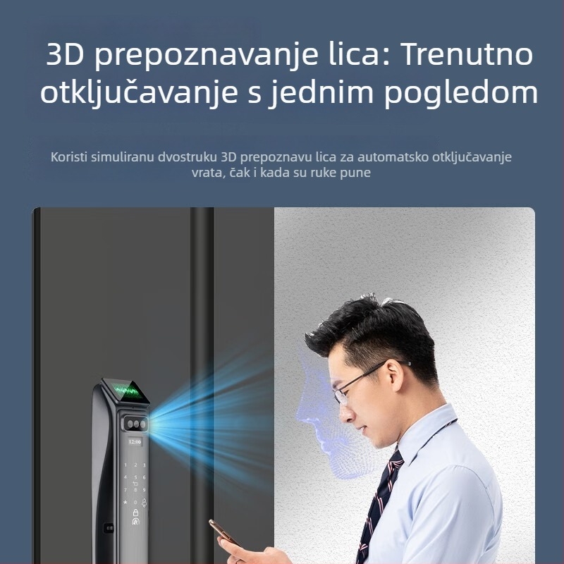 Pametna brava za vrata s otiskom prsta, 3D prepoznavanje lica i prozor kroz vrata - 50 spremljenih otisaka, skeniranje <0,1 s, verifikacija 1:N, daljinsko otključavanje lozinkom