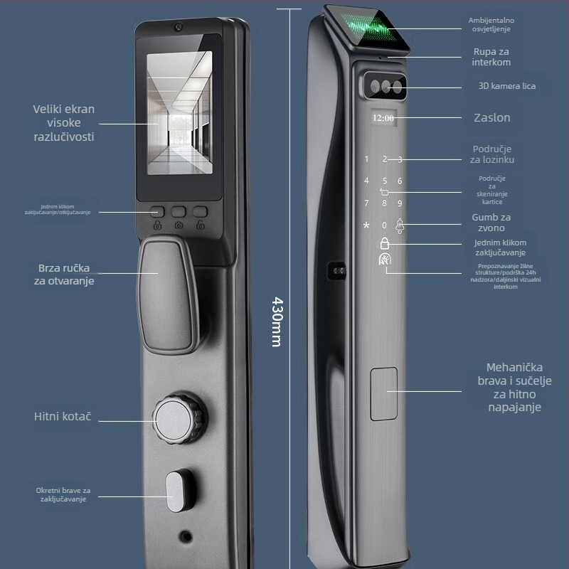 Pametna brava za vrata s otiskom prsta, 3D prepoznavanje lica i prozor kroz vrata - 50 spremljenih otisaka, skeniranje <0,1 s, verifikacija 1:N, daljinsko otključavanje lozinkom