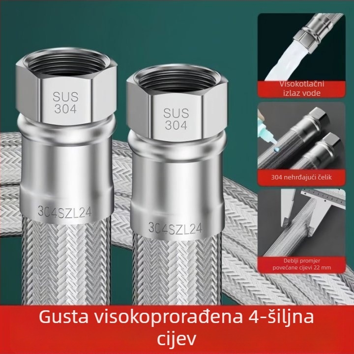 WC vodovodna cijev od 304 nehrđajućeg čelika – veliki protok, ojačana pletena cijev, navojni spoj, za toplu i hladnu vodu