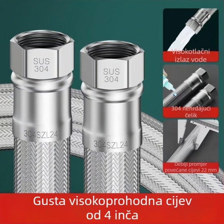 WC vodovodna cijev od 304 nehrđajućeg čelika – veliki protok, ojačana pletena cijev, navojni spoj, za toplu i hladnu vodu