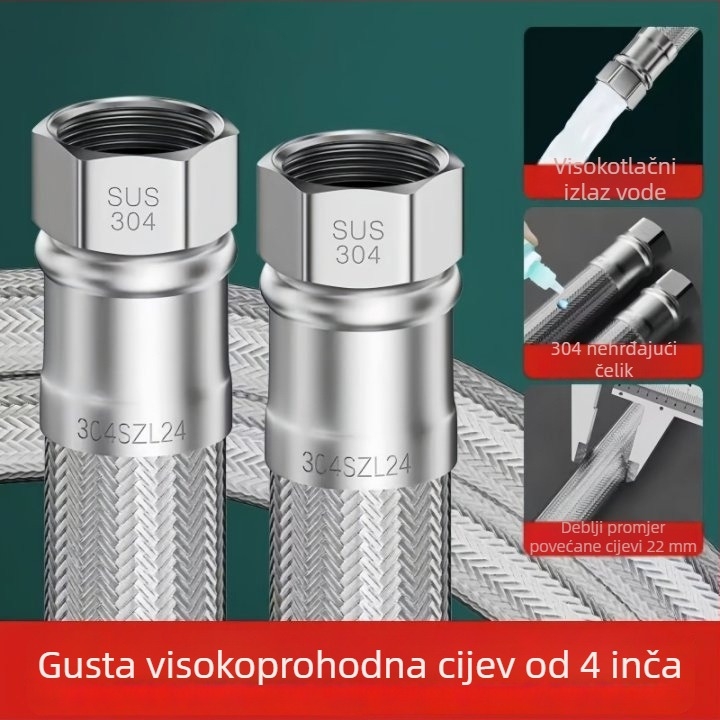 WC vodovodna cijev od 304 nehrđajućeg čelika – veliki protok, ojačana pletena cijev, navojni spoj, za toplu i hladnu vodu