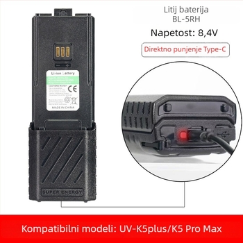 Proširena Li-ion baterija BL-5RH za Baofeng UV-K5Plus / K5 Pro Max, 6800mAh, vodootporna, domet 1,5–3 km