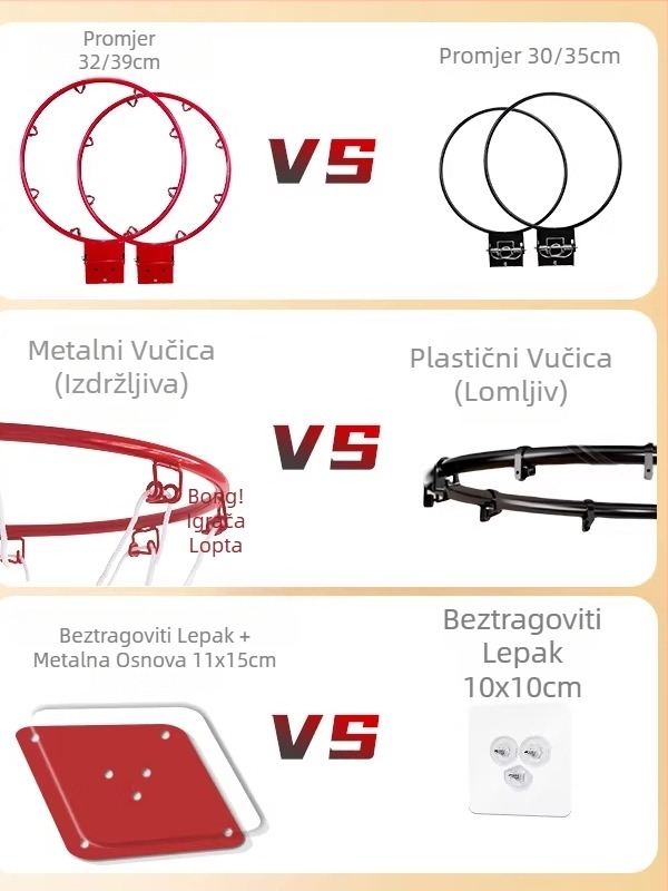 Unutarnji zidni koš za košarku, bez bušenja, tih, sklopiv, s mrežom