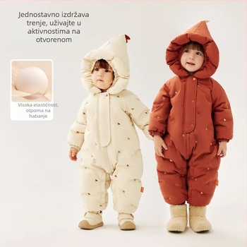 Dječji jednodijelni down kombinezon, punilo bijelo patka perja 86–90%; vanjska tkanina i podstava 100% poliester; pogodan za novorođenčad 0–1 godina (do 80 cm); bez ovratnika