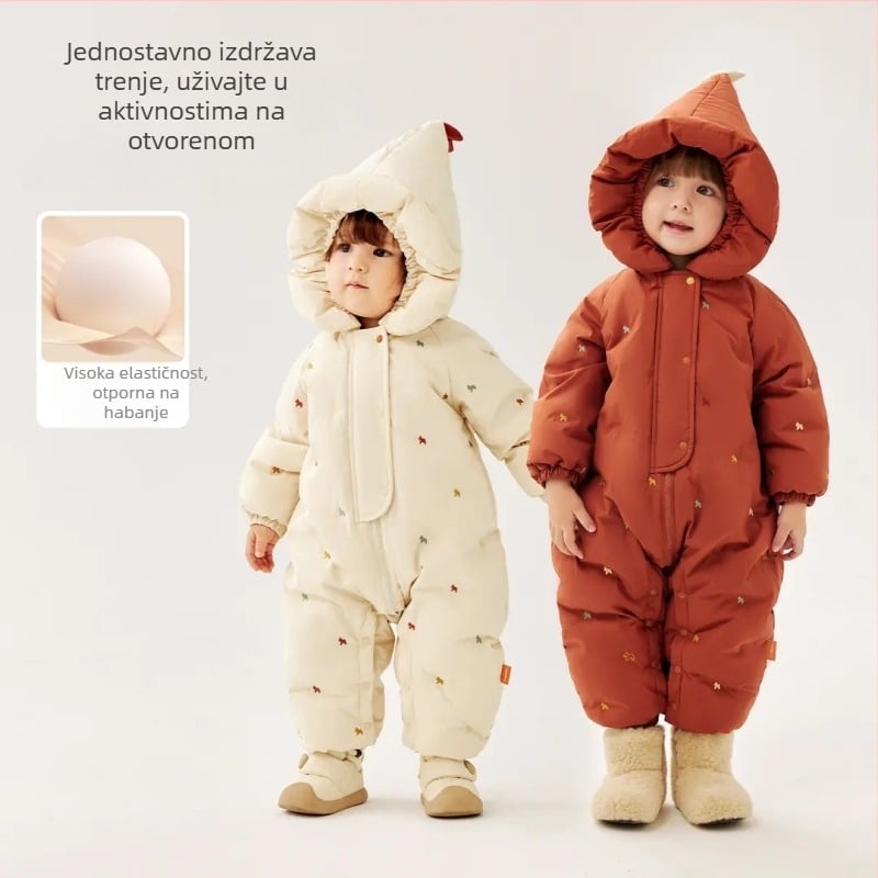 Dječji jednodijelni down kombinezon, punilo bijelo patka perja 86–90%; vanjska tkanina i podstava 100% poliester; pogodan za novorođenčad 0–1 godina (do 80 cm); bez ovratnika