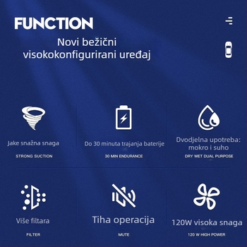 Prijenosni usisivač za auto, mokro-suhi način, 12V, 5300 usisna snaga, punjivi
