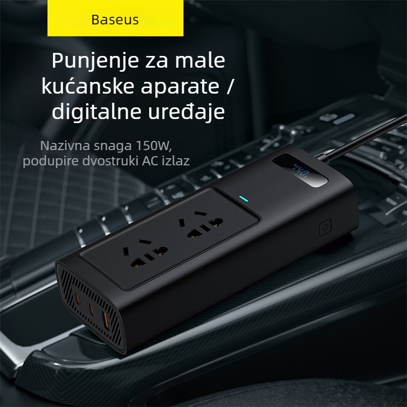 Automobilski inverter Pro verzija, 150 W, tri porta, potpuno brzo punjenje, pametni digitalni zaslon, tiho rada