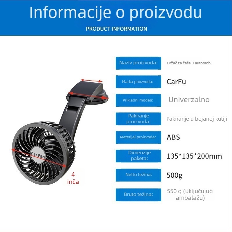 Automobilski ventilator s podesivim usisnim držačem za središnji panel – ABS, 7W, model AC-2318
