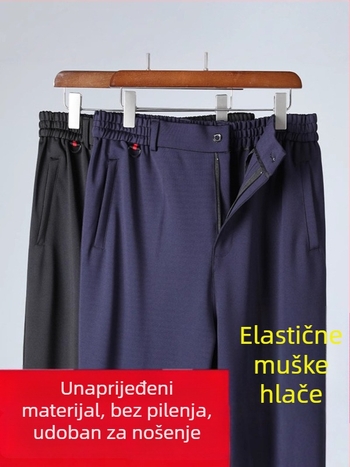 Muške casual hlače za proljeće/jesen s visokim struka, elastičan pojas, ravne nogavice, rastezljiva tkanina, višestruki džepovi