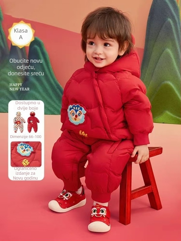 Dječji down-overall s kapuljačom, zimskog uzorka karikatura, zatvarač, punilo od bijelog patka