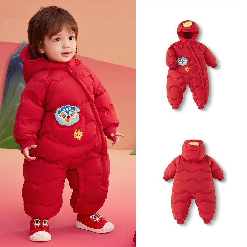 Dječji down-overall s kapuljačom, zimskog uzorka karikatura, zatvarač, punilo od bijelog patka